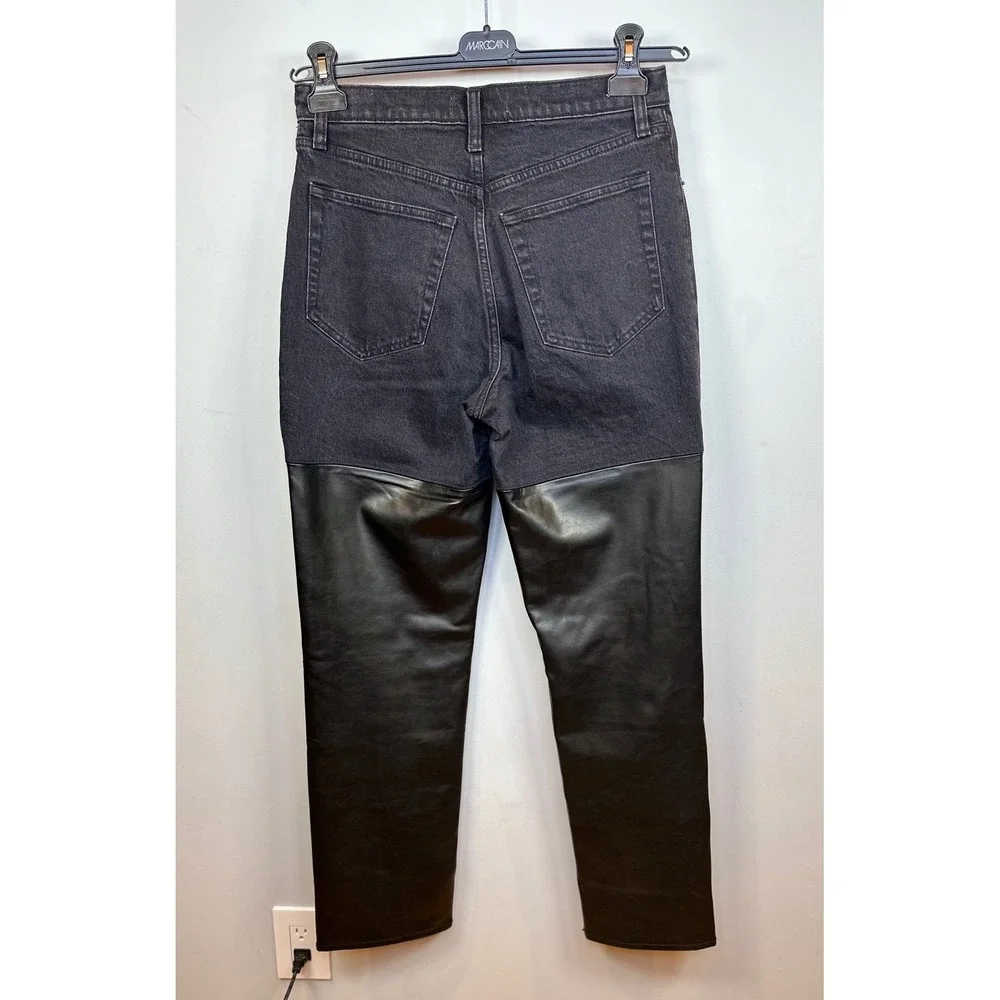 Abercrombie Fitch 90s Straight Ultra High Rise Black Denim Leather Panel Pants - Picture 4 of 6